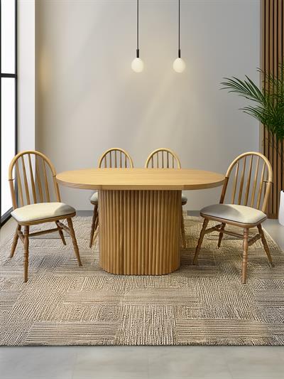 Pablo Naturel Renk Oval Ahşap Masa Takımı 80x130 - 4 Adet Ahşap Sandalye Bohem & İskandinav Şık Tasarım