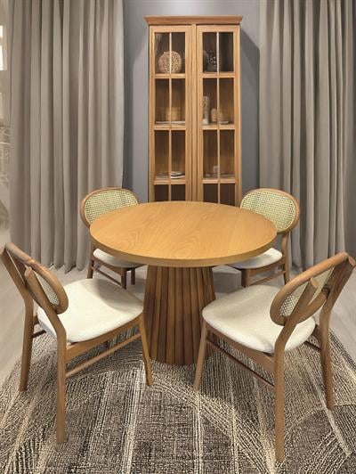 Violet Naturel Renk Yuvarlak Ahşap Masa Takımı 100x100 Cm - 4 Naturel Renk Hazeranlı Sandalye Bohem & İskandinav Şık Tasarım