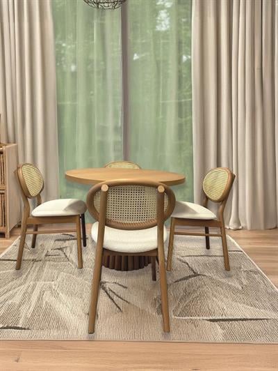 Violet Naturel Renk Yuvarlak Ahşap Masa Takımı 100x100 Cm - 4 Naturel Renk Hazeranlı Sandalye Bohem & İskandinav Şık Tasarım