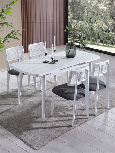 Parla Beyaz Renk Ahşap Dikdörgen Açılır Masa Takımı 127x70 cm - 4 Beyaz Hazeranlı Sandalye Bohem & İskandinav Şık Tasarım