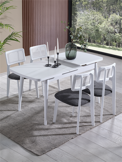 Parla Beyaz Renk Ahşap Dikdörgen Açılır Masa Takımı 127x70 cm - 4 Beyaz Hazeranlı Sandalye Bohem & İskandinav Şık Tasarım