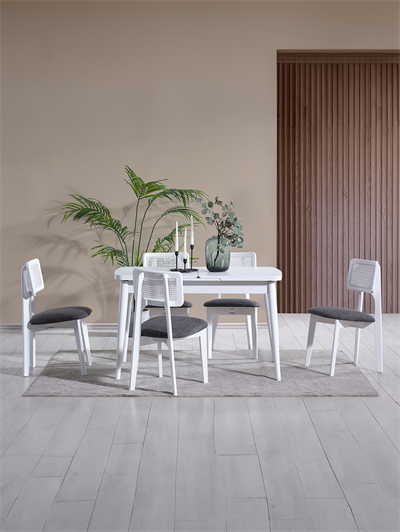 Parla Beyaz Renk Ahşap Dikdörgen Açılır Masa Takımı 127x70 cm - 4 Beyaz Hazeranlı Sandalye Bohem & İskandinav Şık Tasarım