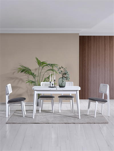 Parla Beyaz Renk Ahşap Dikdörgen Açılır Masa Takımı 127x70 cm - 4 Beyaz Hazeranlı Sandalye Bohem & İskandinav Şık Tasarım