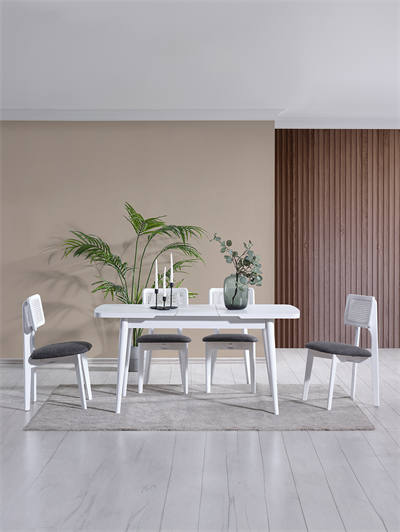 Parla Beyaz Renk Ahşap Dikdörgen Açılır Masa Takımı 127x70 cm - 4 Beyaz Hazeranlı Sandalye Bohem & İskandinav Şık Tasarım