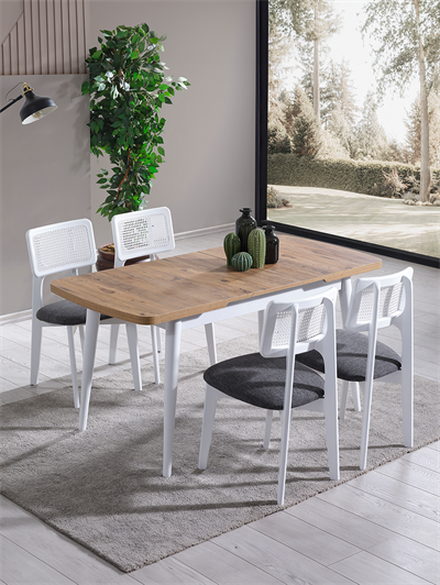 Parla Naturel Tabla Beyaz Ayak Ahşap Dikdörgen Açılır Masa Takımı 120x70 cm - 4 Beyaz Renk Hazeranlı Sandalye Bohem & İskandinav Şık Tasarım