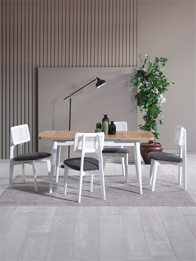 Parla Naturel Tabla Beyaz Ayak Ahşap Dikdörgen Açılır Masa Takımı 120x70 cm - 4 Beyaz Renk Hazeranlı Sandalye Bohem & İskandinav Şık Tasarım