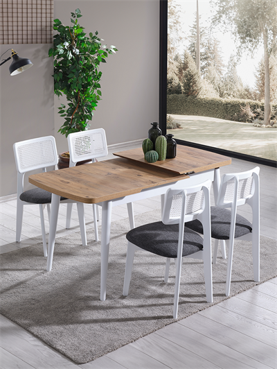 Parla Naturel Tabla Beyaz Ayak Ahşap Dikdörgen Açılır Masa Takımı 120x70 cm - 4 Beyaz Renk Hazeranlı Sandalye Bohem & İskandinav Şık Tasarım