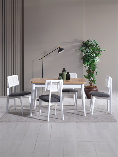 Parla Naturel Tabla Beyaz Ayak Ahşap Dikdörgen Açılır Masa Takımı 120x70 cm - 4 Beyaz Renk Hazeranlı Sandalye Bohem & İskandinav Şık Tasarım
