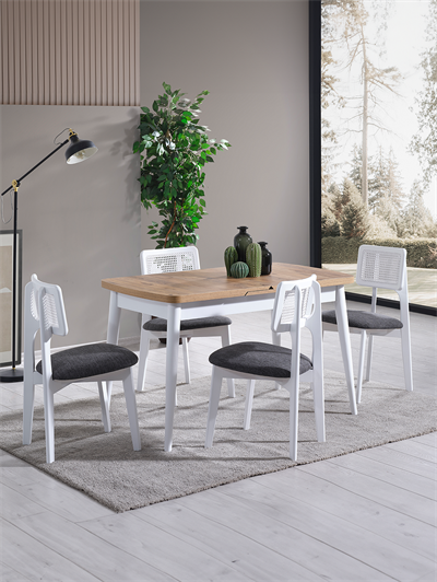 Parla Naturel Tabla Beyaz Ayak Ahşap Dikdörgen Açılır Masa Takımı 120x70 cm - 4 Beyaz Renk Hazeranlı Sandalye Bohem & İskandinav Şık Tasarım