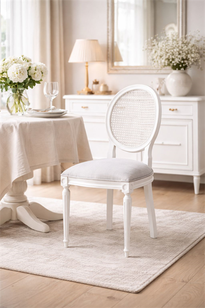 Pissenlit Doğal Ahşap Kayın Beyaz Renk Hazeranlı Sandalye Detaylı İşçilik Modern Şık Tasarım