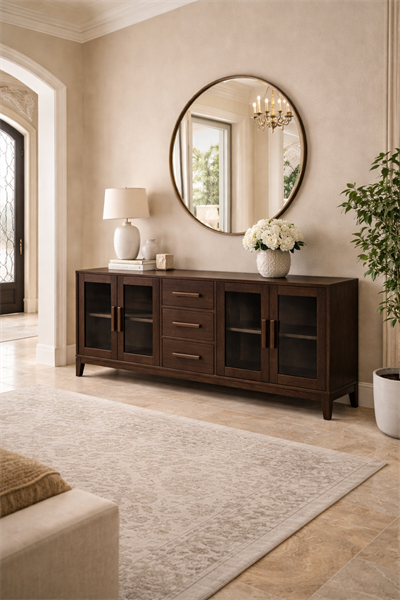 Prestij Serisi Cam Kapaklı Ahşap Konsol – Geniş Depolama Alanlı Modern Salon Konsolu – 200 × 43 × 80 cm