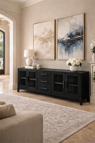 Prestij Serisi Cam Kapaklı Ahşap Konsol – Geniş Depolama Alanlı Modern Salon Konsolu – 200 × 43 × 80 cm