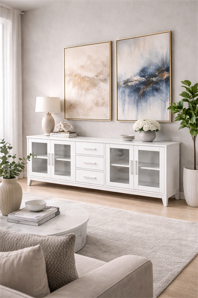 Prestij Serisi Cam Kapaklı Ahşap Konsol – Geniş Depolama Alanlı Modern Salon Konsolu – 200 × 43 × 80 cm