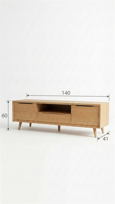 Retro 140 cm TV Sehpası | Kayın Kaplamalı MDF Gövde | Kayın Ahşap Ayak