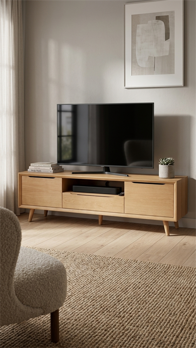 Retro 140 cm TV Sehpası | Kayın Kaplamalı MDF Gövde | Kayın Ahşap Ayak