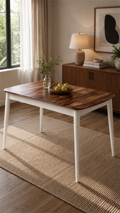 Retro Ceviz Renk Tabla Beyaz Ayak Çizilmez Dikdörtgen Açılır Ahşap Masa 130x80 Cm - Modern & Şık Tasarım
