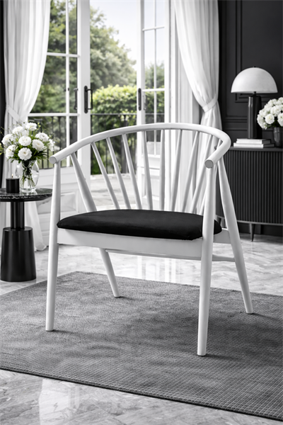 Rizoma Natural Ahşap Beyaz Renk Kayın Sandalye Siyah Döşemeli Detaylı İşçilik Modern Şık Tasarım