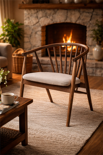 Rizoma Natural Ahşap Ceviz Renk Kayın Sandalye Krem Döşemeli Detaylı İşçilik Modern Şık Tasarım