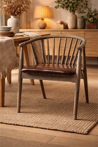 Rizoma Natural Ahşap Masif Eskitme Kayın Sandalye Kahverengi Deri Döşemeli Detaylı İşçilik Modern Şık Tasarım