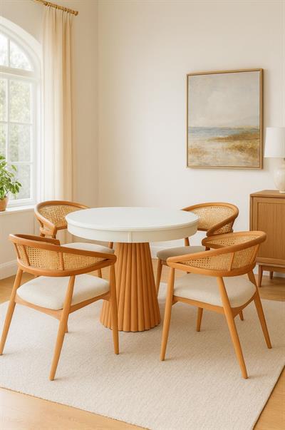 Royal Yuvarlak Beyaz Tabla Naturel Ayak Açılır Masa Takımı 100x100 Cm - 4 Doğal Hazeranlı Sandalye Bohem & İskandinav Şık Tasarım