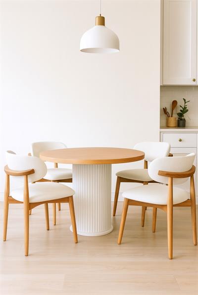 Sembol Naturel Tablalı Beyaz Ayaklı Yuvarlak Masa Takımı 100x100 Cm - 4 Sandalyeli İskandinav Şık Tasarım