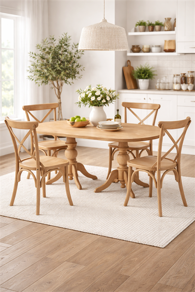 Seranova Doğal Masif Ahşap Kayın Yemek Masası ve 4 Sandalye Takımı – Torna Ayaklı Modern Tasarım
