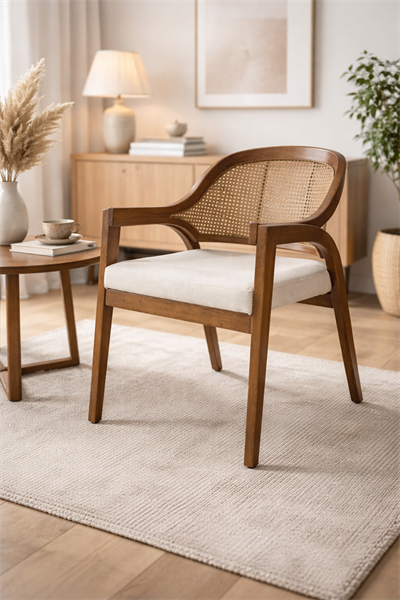 Silfi Doğal Ahşap Döşemeli Ceviz Kolçaklı Hazeranlı  Sandalye El İşçiliği Modern İskandinav Tasarım