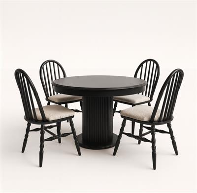 Siyah Açılır Yuvarlak Masa Takımı 100×100 – 135 cm | Kayın Torna Ayaklı Sandalyeli Modern Yemek Masası