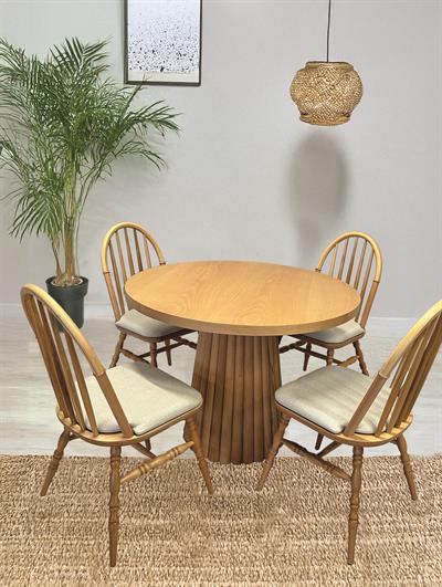 Stella Naturel Renk Ahşap Yuvarlak Masa Takımı 100x100 Cm - 4 Naturel Sandalyeli Bohem & İskandinav Şık Tasarım