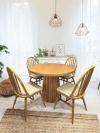 Stella Naturel Renk Ahşap Yuvarlak Masa Takımı 110x110 Cm - 4 Naturel Sandalyeli Bohem & İskandinav Şık Tasarım