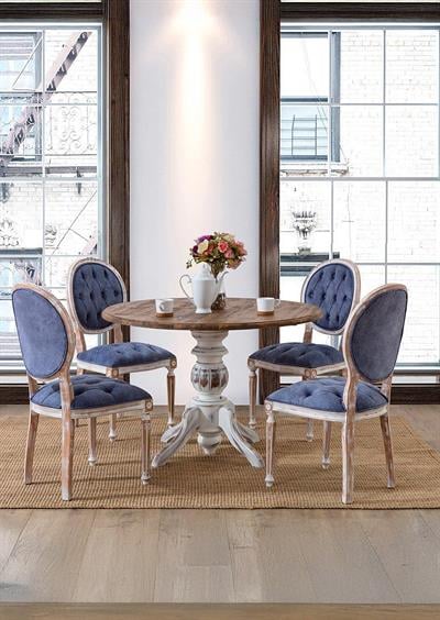 Tiber Doğal Ahşap Yuvarlak Masa Takımı 118x118 cm - 4 Doğal Ahşap Kapitoneli Sandalye Modern Şık Tasarım