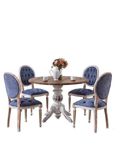 Tiber Doğal Ahşap Yuvarlak Masa Takımı 118x118 cm - 4 Doğal Ahşap Kapitoneli Sandalye Modern Şık Tasarım