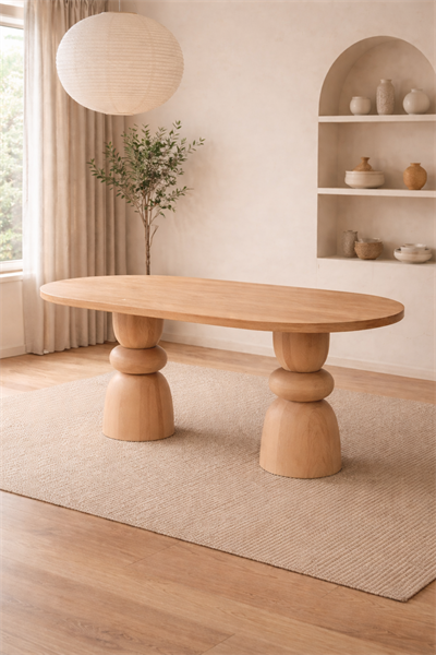 Torella Doğal Masif Ahşap Oval Yemek Masası – Heykelsi Ayak Modern Tasarım | Alberohome