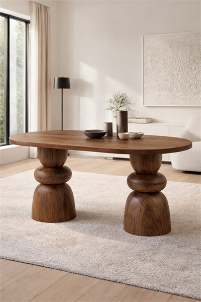 Torella Doğal Masif Ahşap Oval Yemek Masası – Heykelsi Ayak Modern Tasarım | Alberohome