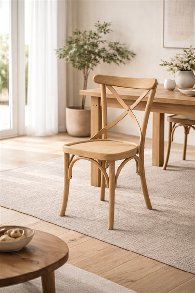 Velmora Doğal Ahşap Naturel Renk Kayın Sandalye Çapraz Sırt Detaylı El İşçiliği Modern İskandinav Tasarım | Alberohome