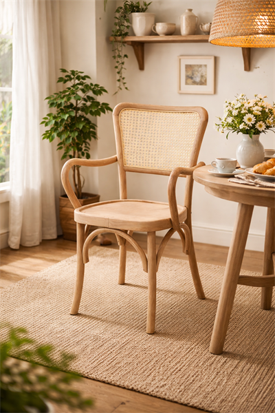 Velora Hasırlı Kayın Ağacı Kollu Tonet Sandalye – El İşçiliği Modern & Bohem Tasarım | Alberohome