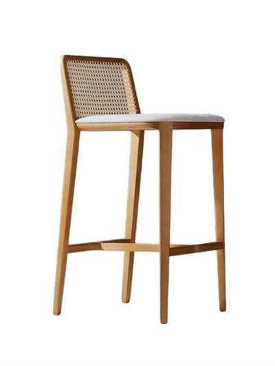 Verba Doğal Ahşap Döşemeli Naturel Hazeranlı Bar Sandalye El İşçiliği Bohem İskandinav Tasarım