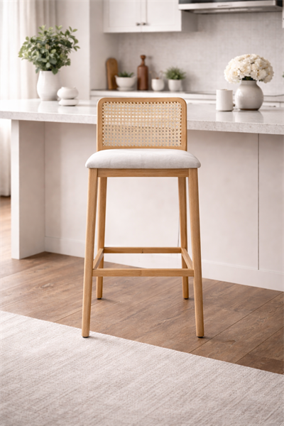 Verba Doğal Ahşap Döşemeli Naturel Hazeranlı Bar Sandalye El İşçiliği Bohem İskandinav Tasarım