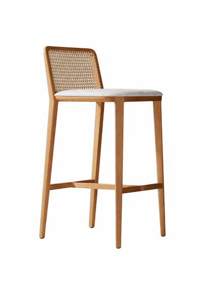 Verba Doğal Ahşap Döşemeli Naturel Hazeranlı Bar Sandalye El İşçiliği Bohem İskandinav Tasarım