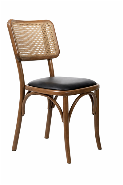 Viena Hasır Sırtlı Masif Ahşap Sandalye – Siyah Deri Oturum