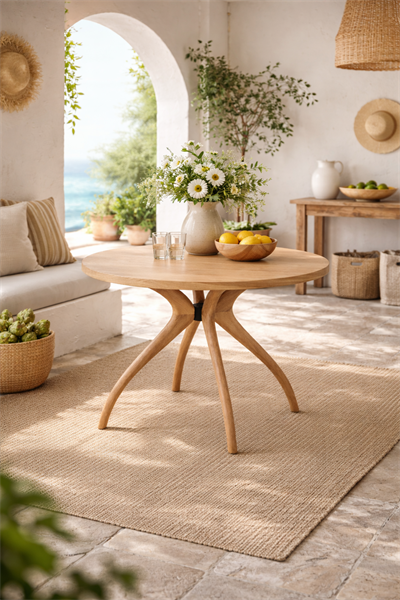 Virella Doğal Ahşap Kayın Yuvarlak Yemek Masası – Torna Ayaklı Modern Akdeniz Tasarım | Alberohome