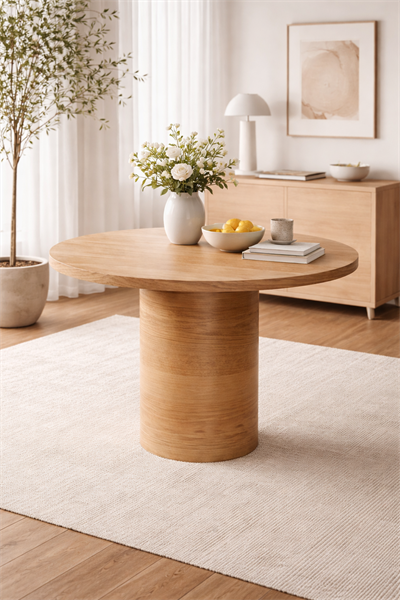Virella Doğal Ahşap Yuvarlak Yemek Masası Silindir Ayak Modern Tasarım | Alberohome