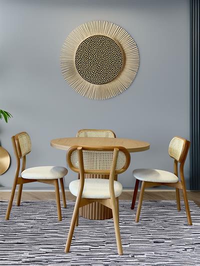 Viyana Naturel Renk Yuvarlak Ahşap Masa Takımı 100x100 Cm - 4 Adet Doğal Hazeranlı Sandalye Bohem & İskandinav Şık Tasarım