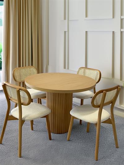 Viyana Naturel Renk Yuvarlak Ahşap Masa Takımı 100x100 Cm - 4 Adet Doğal Hazeranlı Sandalye Bohem & İskandinav Şık Tasarım