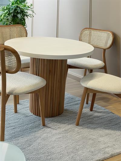 Viyana Beyaz Tabla Naturel Renk Ayaklı Yuvarlak Masa Takımı 100x100 Cm - 4 Adet Doğal Hazeranlı Sandalye Bohem & İskandinav Şık Tasarım