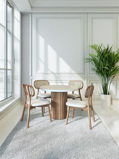 Viyana Beyaz Tabla Naturel Renk Ayaklı Yuvarlak Masa Takımı 100x100 Cm - 4 Adet Doğal Hazeranlı Sandalye Bohem & İskandinav Şık Tasarım