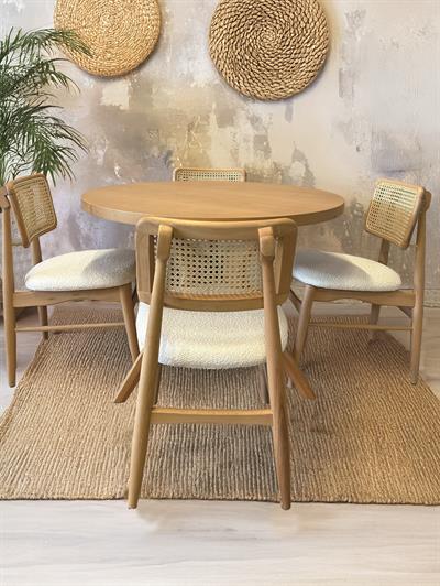 Simge Naturel Renk Yuvarlak Ahşap Masa Takımı 90x90 Cm - 4 Naturel Renk Hazeranlı Sandalye İskandinav Şık Tasarım