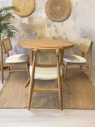 Simge Naturel Renk Yuvarlak Ahşap Masa Takımı 100x100 Cm - 4 Naturel Renk Hazeranlı Sandalye İskandinav Şık Tasarım