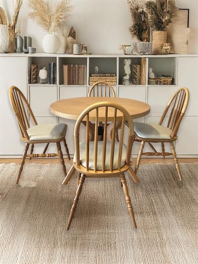 Silva Ahşap Naturel Renk Yuvarlak Masa Takımı 100x100 Cm - 4 Sandalyeli Bohem & İskandinav Şık Tasarım