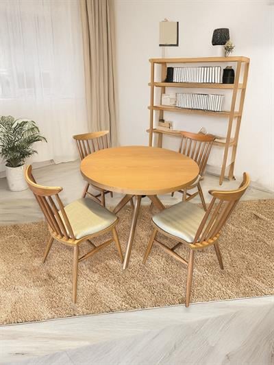 Linda Ahşap Naturel Renk Yuvarlak Masa Takımı 100x100 Cm - 4 Sandalyeli Bohem & İskandinav Şık Tasarım